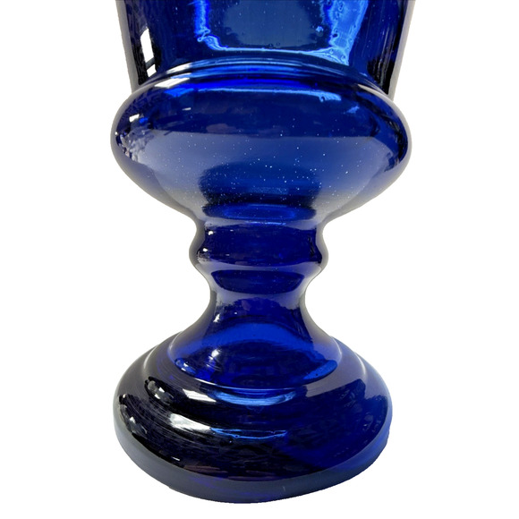 Bohemia Czech Republic Cobalt Blue Glass Vase ~ White Water  MCM Czech Bohemian Cobalt Blue Blown Glass Vase Urn Trophy Style Footed As Is